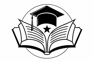 Fototapeta premium A minimalist vector graphic of an open book with a graduation cap and star