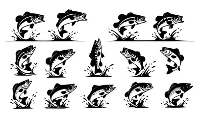 Obraz premium Jumping Fish Silhouette Set Dynamic Fishing Vector Icons