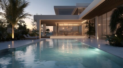 Fototapeta premium Modern Luxury Villa at Twilight. Elegant White Architecture with Illuminated Swimming Pool and Tropical Landscaping. High-End Real Estate Concept