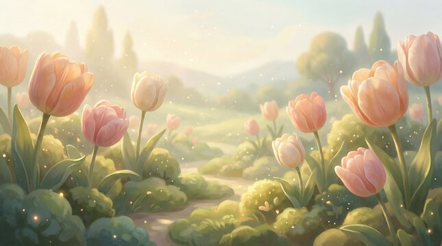 Spring Tulip Garden Landscape Illustration with Soft Light and Blooming Flowers