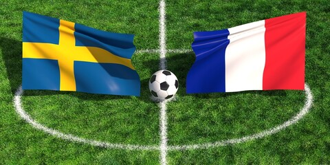 Sweden and France national flags on a green soccer field pitch with a football © NS-Mystic