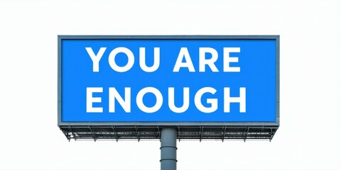 Obraz premium Blue billboard displays positive message. White text reads You Are Enough against sky backdrop. Simple, impactful visual communication.