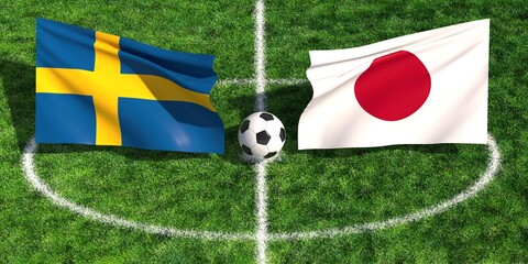 Sweden and Japan national flags on a green soccer field pitch with a football © NS-Mystic