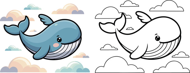 Naklejka premium flying whale smiling in cloud vector illustration for children coloring book clipart and lineart