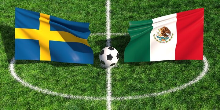 Sweden and Mexico national flags on a green soccer field pitch with a football