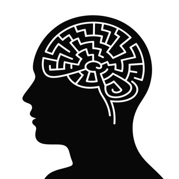 A human head silhouette containing a complex brain maze design