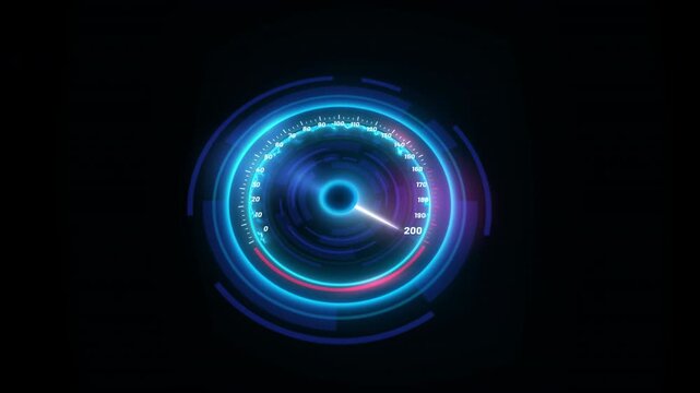 3D Speedometer animation. Volume Neon car dashboard HUD. Sci-fi high speed acceleration with dynamic light effects. Internet test and engine performance motion graphic. Transparent MOW with Alpha