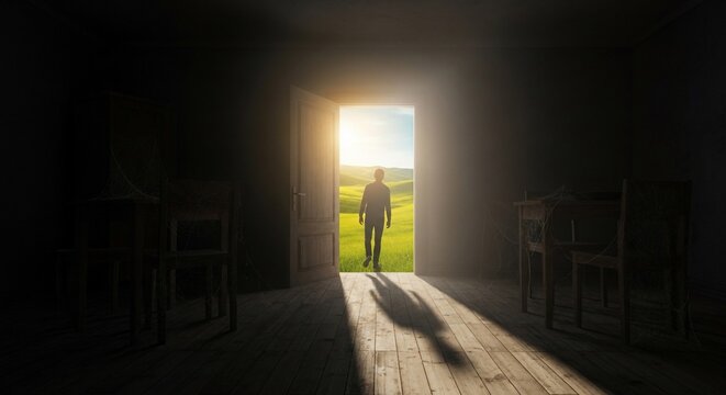 Silhouette of a person standing at the threshold of a bright doorway leading to a vibrant green field.