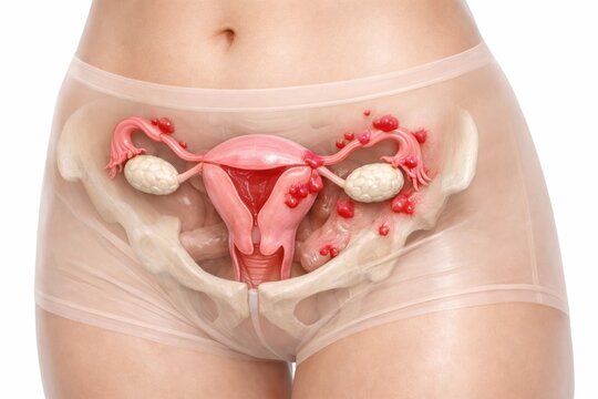 Endometriosis female pelvis illustration showing uterine surface lesions ovaries and fallopian tubes for gynecology diagnosis fertility evaluation reproductive health education and care