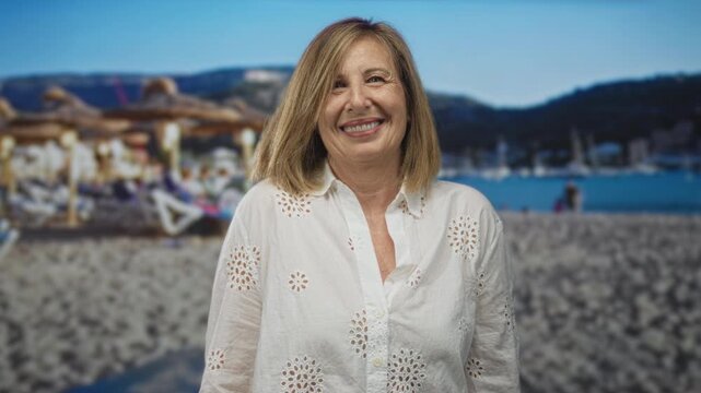 Woman smiling with face turned forward and slight head tilt at beach under bright sunlight; serenity.