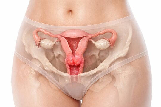 Cervicitis medical illustration showing female pelvis and reproductive anatomy with inflamed cervix in gynecology concept for diagnosis women health education and pathology