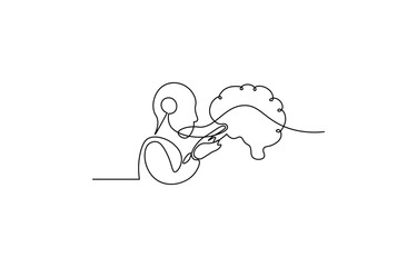 Obraz premium Continuous one line drawing of human head with brain. Minimalist psychology, artificial intelligence and mental health concept vector.