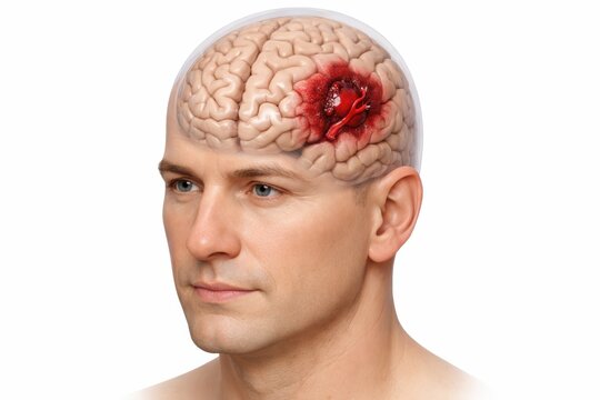 Hemorrhagic stroke medical illustration showing human brain with intracerebral bleeding area in neurology concept for diagnosis emergency care pathology and health education