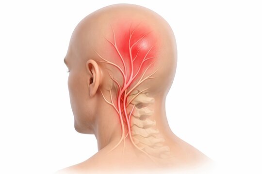 Occipital neuralgia medical illustration showing human head and upper neck with unilateral occipital nerve pain pathway in neurology concept for diagnosis health education and care