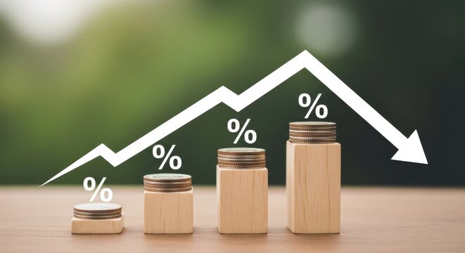 Financial interest rates falling concept, decreasing arrow over coin stacks on wooden blocks, economic recession and deflation symbol