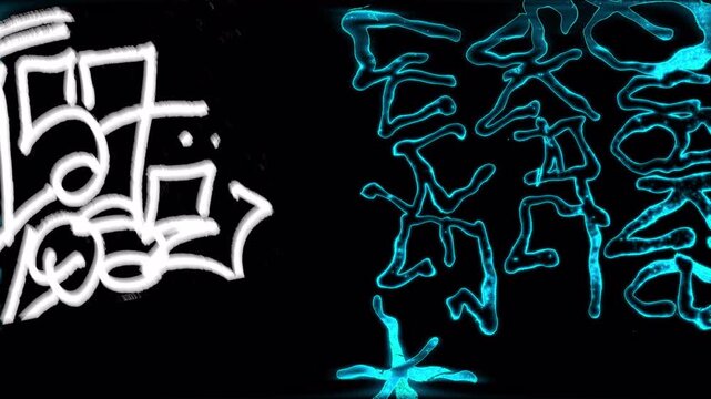 Neon graffiti outlines with glowing line art style on dark background. Ideal for urban visuals, overlays, posters, and modern street design compositions.