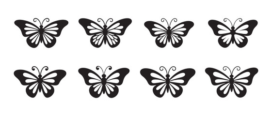 Fototapeta premium Collection of Black and White Stylized Butterfly Silhouettes with Intricate Wing Patterns on a Clean White Background.