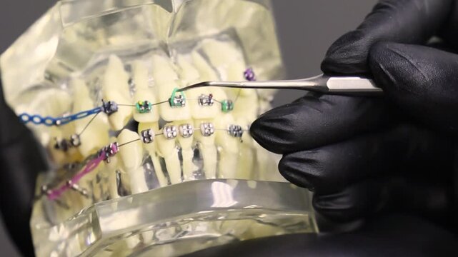 Removing ligature from orthodontic bracket on typodont with dental probe