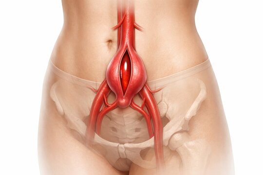 Abdominal aortic aneurysm medical illustration showing enlarged lower aorta with focal vascular bulge in angiology concept for diagnosis pathology education and screening care