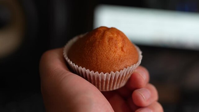 Close-up of hand holding small orange muffin in white liner