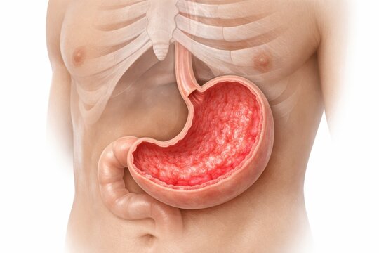 Gastritis medical illustration showing inflamed stomach lining and irritated gastric mucosa in gastroenterology concept for diagnosis digestive health education and clinical care