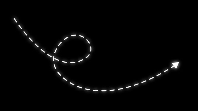 4k Long dotted line arrow animation to indicate an object. arrow animation following wavy dotted line. target arrow icon on black background.