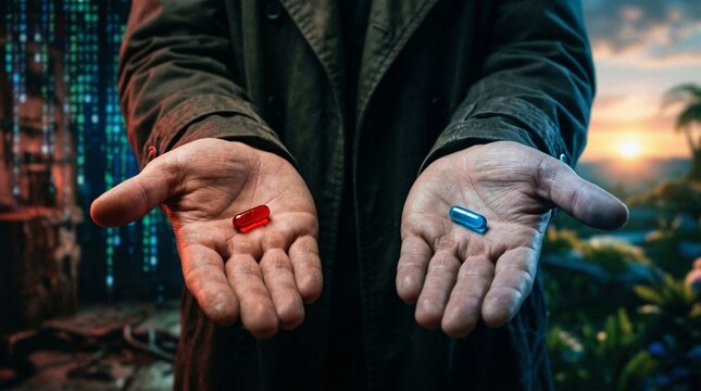 A man in a dark coat holds out his hands offering a red and blue pill in a futuristic cityscape at sunset with green plants.