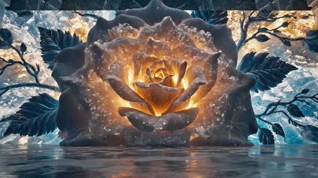 Glowing Rose Emerging from Ice Wall and Freezing with Fire and Ice Transformation Concept