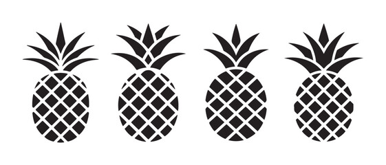 Obraz premium Minimalist Black Pineapple Silhouettes Isolated on White Background, Tropical Fruit Icons for Graphic Design.
