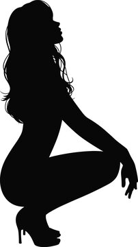 Squatting silhouette, female figure vector, fashion illustration, high heels artwork, stylish pose design, body contour art, lifestyle graphic, expressive posture