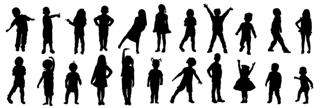 Collection of children silhouettes in different poses: standing, playing, jumping and walking. Isolated on white background. Perfect for parenting, education, kindergarten, design projects 