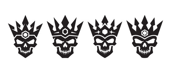 Fototapeta premium Powerful Stylized Skull with Crown Graphics Set. Dark King or Rebel Vector Art Isolated on White Background.