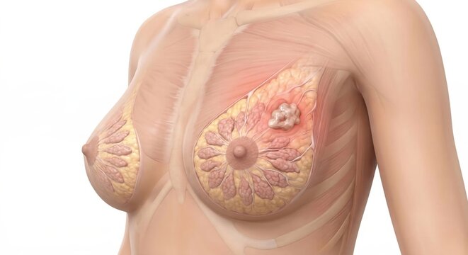 Breast cancer medical illustration showing breast tissue with irregular malignant mass in oncology concept for diagnosis pathology education screening awareness and clinical care planning
