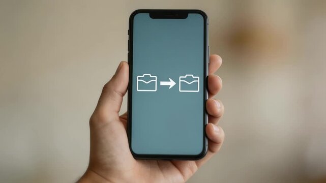 Clear display of a fund transfer initiation on a mobile banking app with the users hand steady holding the phone and the backdrop softly diffused.