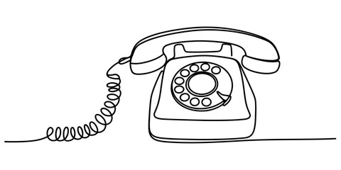 Continuous line drawing of a vintage rotary telephone with a coiled cord on a white background. Vector, illustration