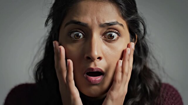 Close-up portrait of a shocked young woman with her hands on her face against a plain gray background with a dramatic mood.