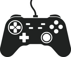 Black and white silhouette of modern video game controller with cable, buttons, analog sticks, minimal vector illustration for gaming design © Ariful