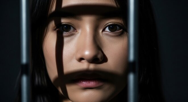 Young Asian woman behind bars looking directly at the camera with a somber expression.