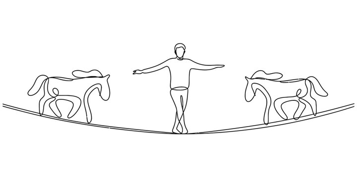Continuous line drawing of a person and two horses balancing on a tightrope high wire. Vector, illustration