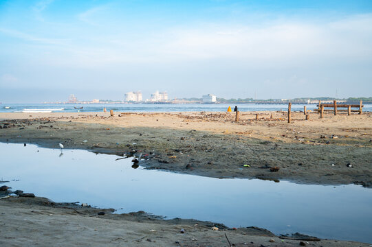 Vasco da gama beach and skyline of Kochi, Ernakulam in Kerala, India, travel destination in Asia, tropical west coast, Arabian Sea 
