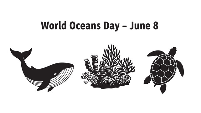 Black whale, coral reef and sea turtle illustrations in monochrome style for World Oceans Day