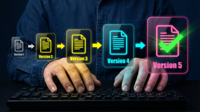 Document version control and software update process, professional managing digital file versions, workflow optimization, project management, technical progress tracking.