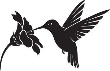 Black hummingbird, flying, sipping nectar from flower, silhouette icon, vector graphic © Vector Hause