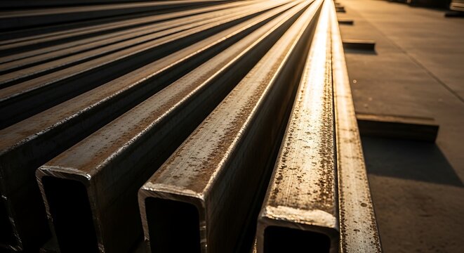Close-up of stacked, rectangular metal beams in warm sunlight, showing rust