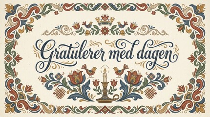 Naklejka premium Vintage inspired Scandinavian poster with decorative Norwegian calligraphy “Gratulerer med dagen”