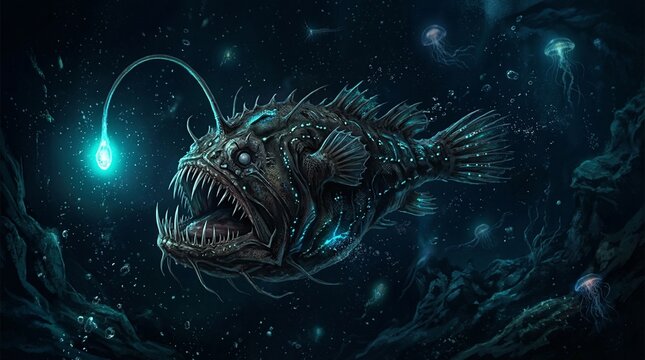 A large anglerfish with sharp teeth swims through dark ocean water with glowing light on its head near a rocky underwater landscape.
