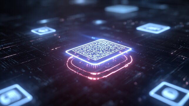 Futuristic, glowing interface with a central QR code and surrounding digital icons, dark background