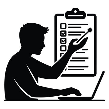 person working on laptop eps with checklist and task board simple silhouette style showing work management digital planning and productivity concept in office environment
