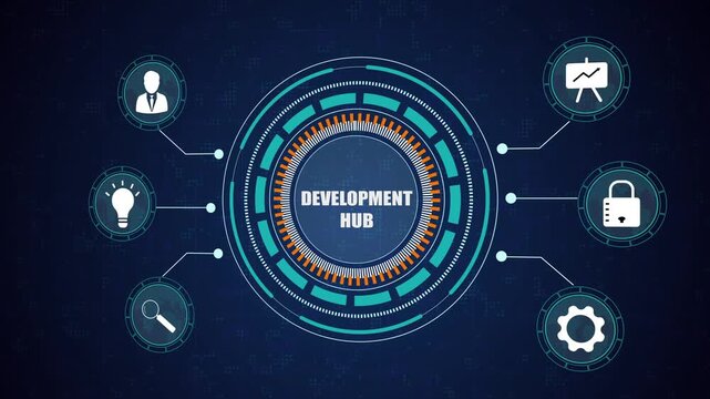 Development hub concept showing centralized innovation, global business management through digital interface, secure software engineering workflow.