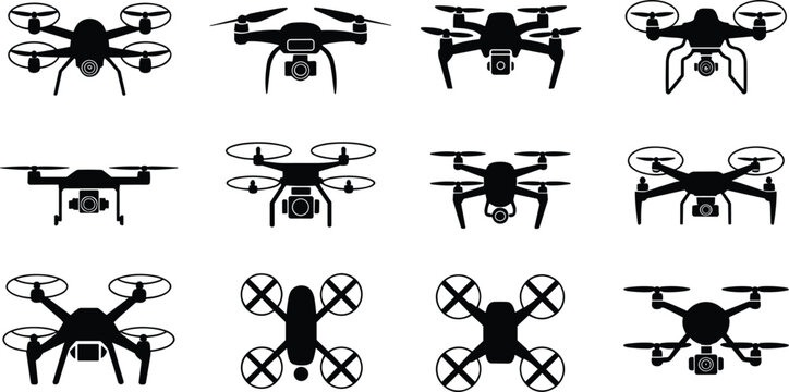 Black silhouettes of various drone models and quadcopters with cameras isolated on white background for aerial photography and technology concepts